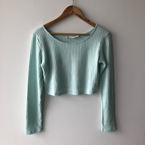 Miss Love Mint Blue Long Sleeve Cropped Top - Picture 1 of 4